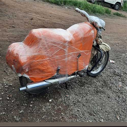 Royal Enfield Bullet wrapped in foam and stretch film by Apple Logistics for transport